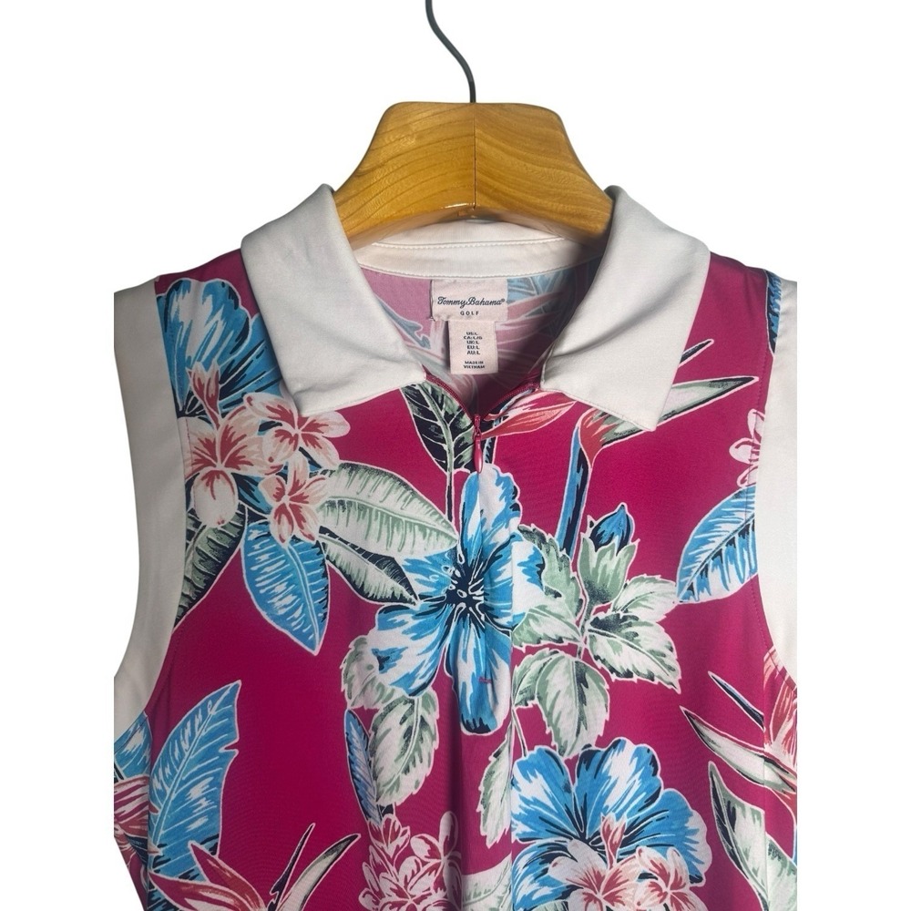 Tommy Bahama Golf Womens Large Pink Tropical Floral Sleeveless Quarter Zip Polo - Picture 4 of 12